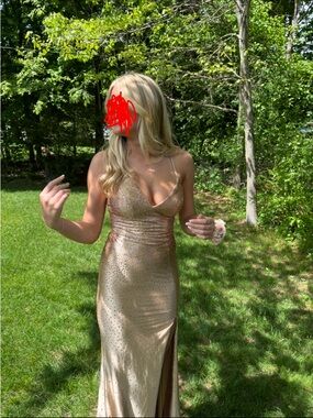 Faviana Champagne Sequin Spaghetti Strap Prom Dress